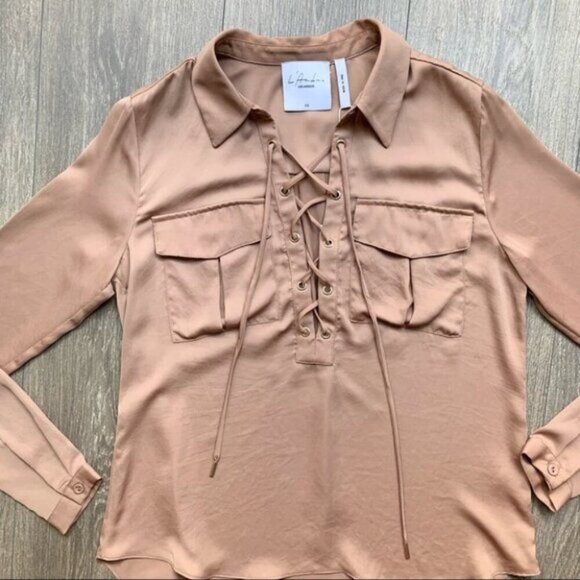 REVOLVE L'Academie Safari Blouse Camel Lace Up Tie Front Satin Size XS - Picture 4 of 14